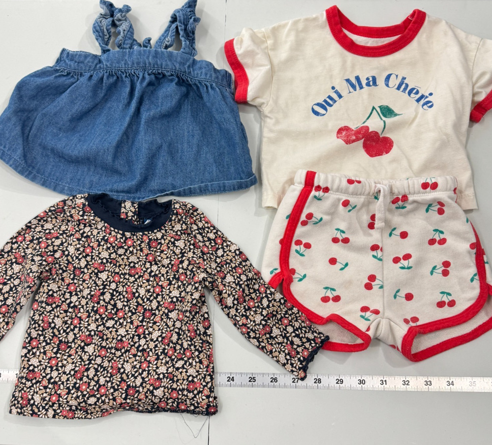 Grayson & Old Navy Lot of Baby Shirts Shorts Girls 6-12 Months Blue Cherries
